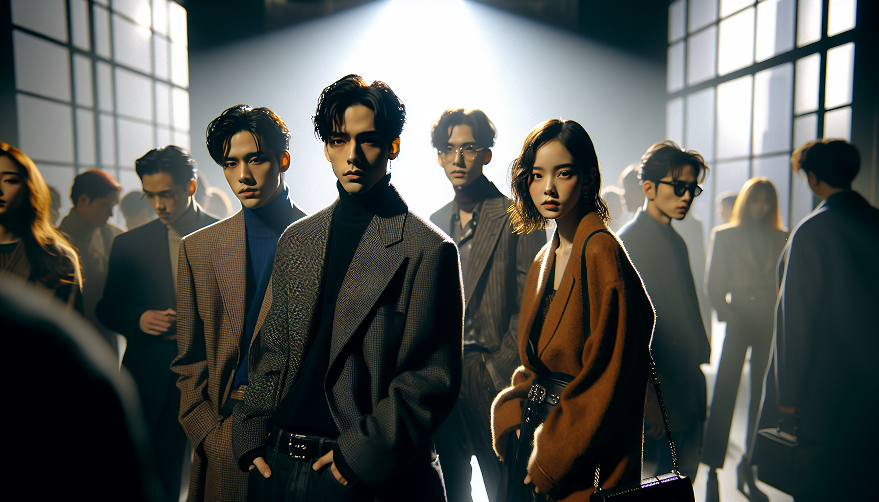 K-pop industry themed image: Members of a top K-pop group make waves at international fashion week events, showcasing their influ